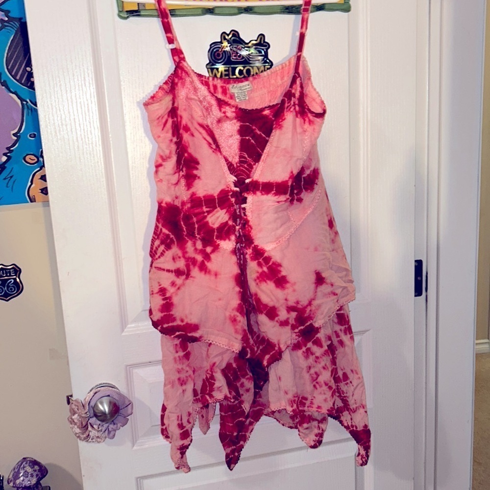 PINK & RED TIE DYE TIERED ASYMMETRICAL FAIRY LACE FAIRYCORE DRESS FREE